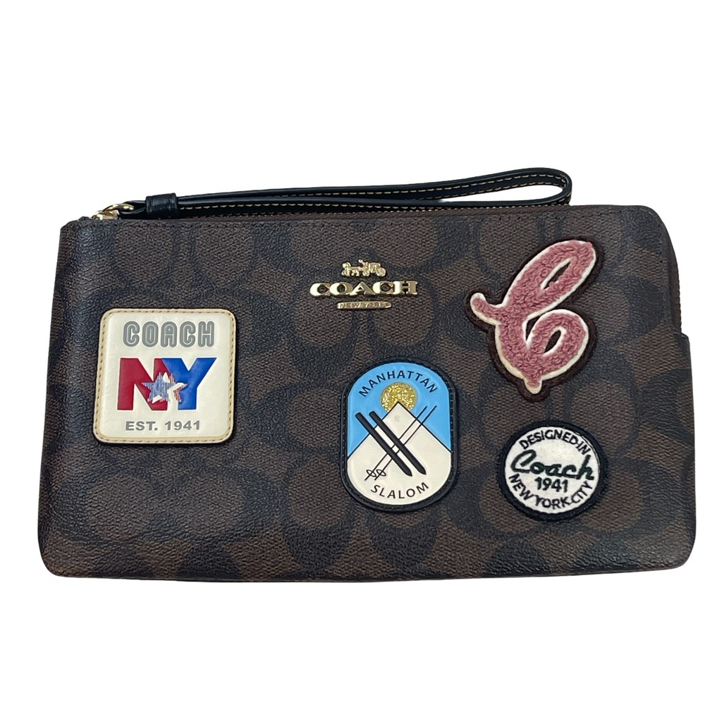 Coach Brown Signature Canvas Ski Patches Large Zip Wristlet